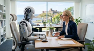 Möte mellan människa och robot där dom diskuterar AI-act